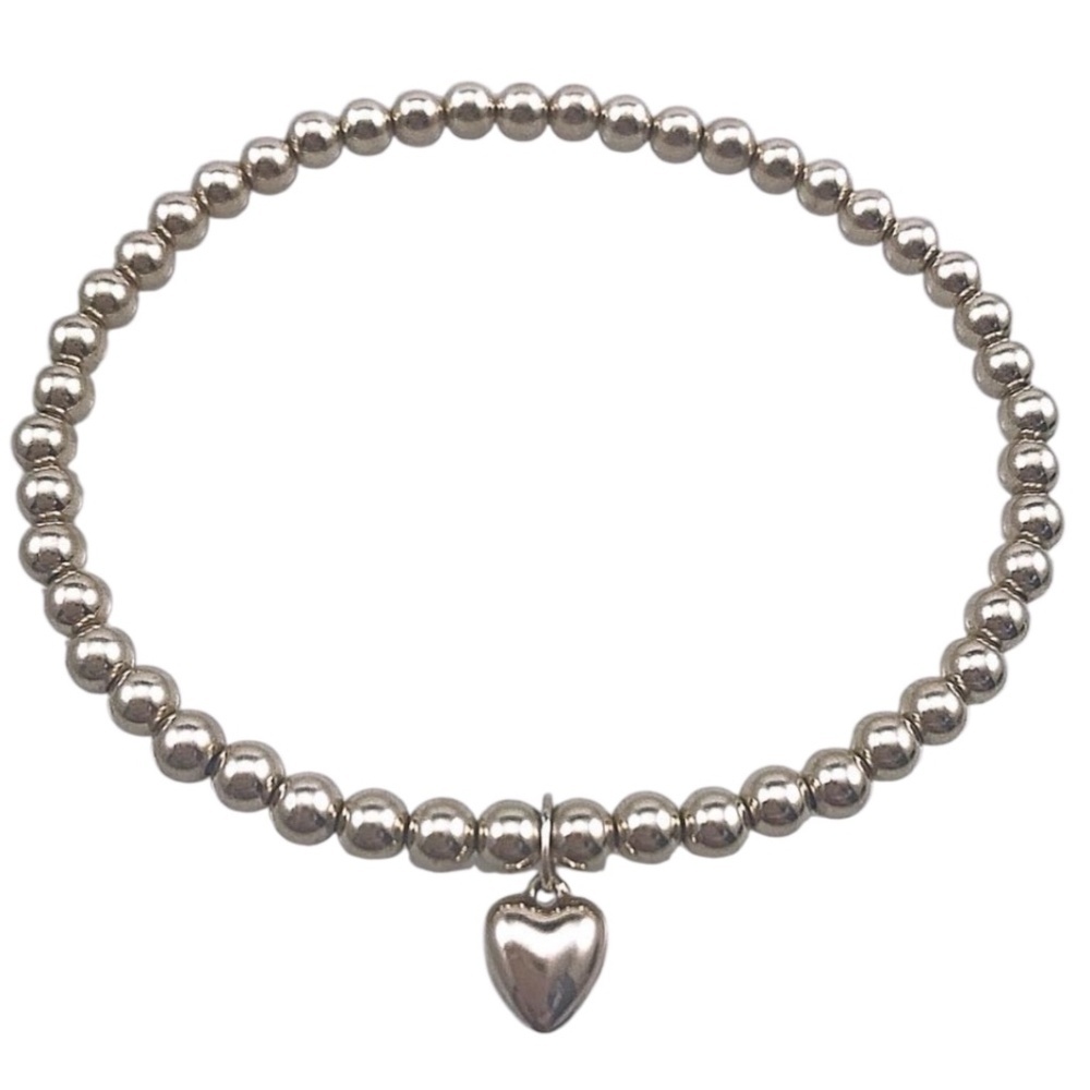 Sterling Silver Bead Bracelet | 6mm Stretch | Silver Heart Charm | Minimalist